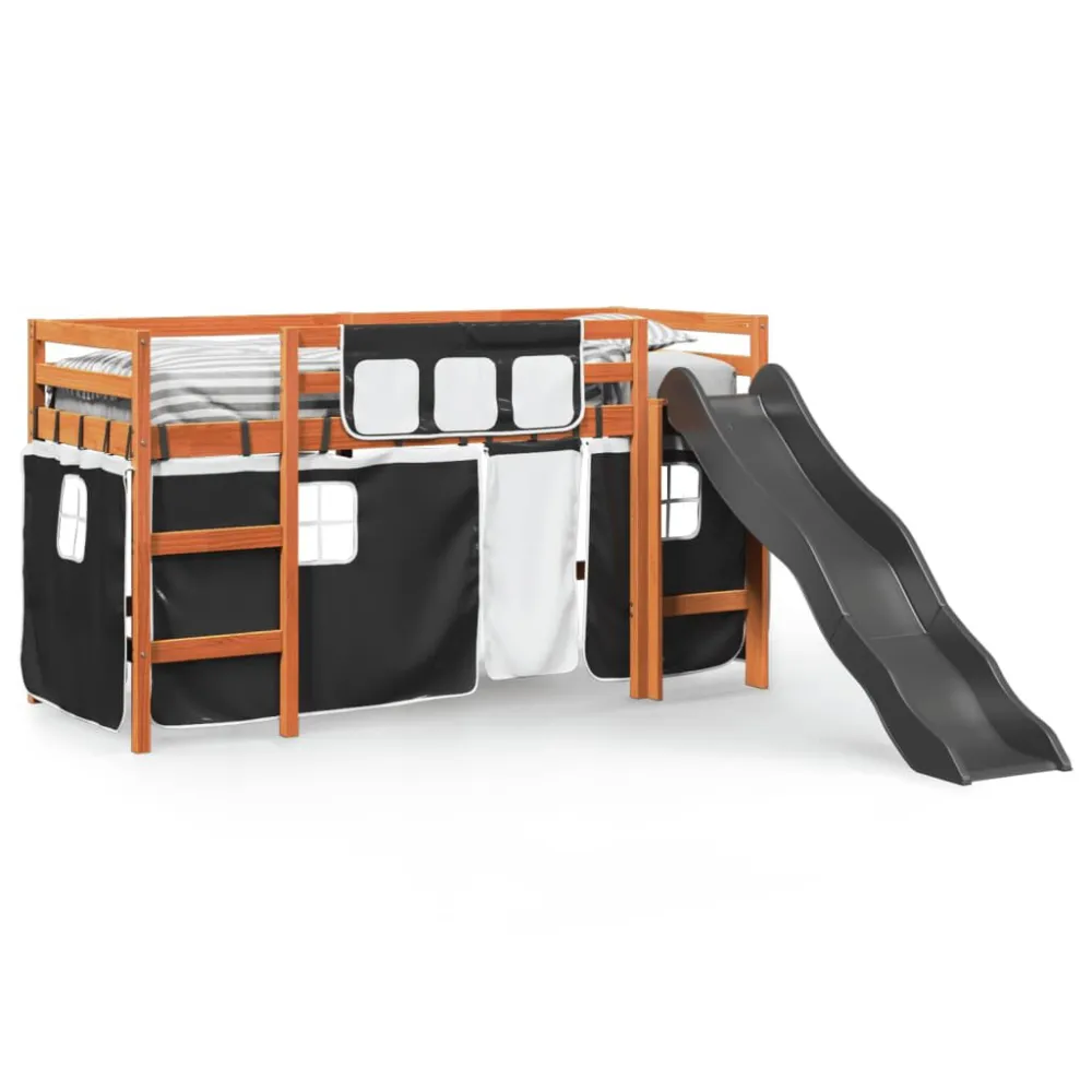 Kinderhoogslaper met gordijnen 90x190 cm grenenhout wit zwart