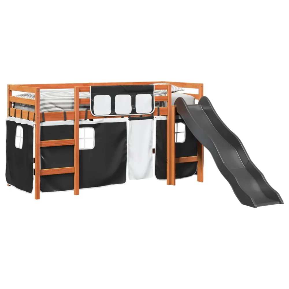 Kinderhoogslaper met gordijnen 90x190 cm grenenhout wit zwart