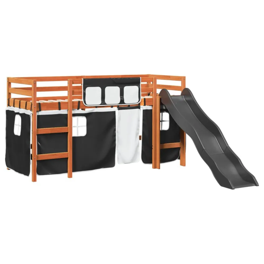 Kinderhoogslaper met gordijnen 90x200 cm grenenhout wit zwart
