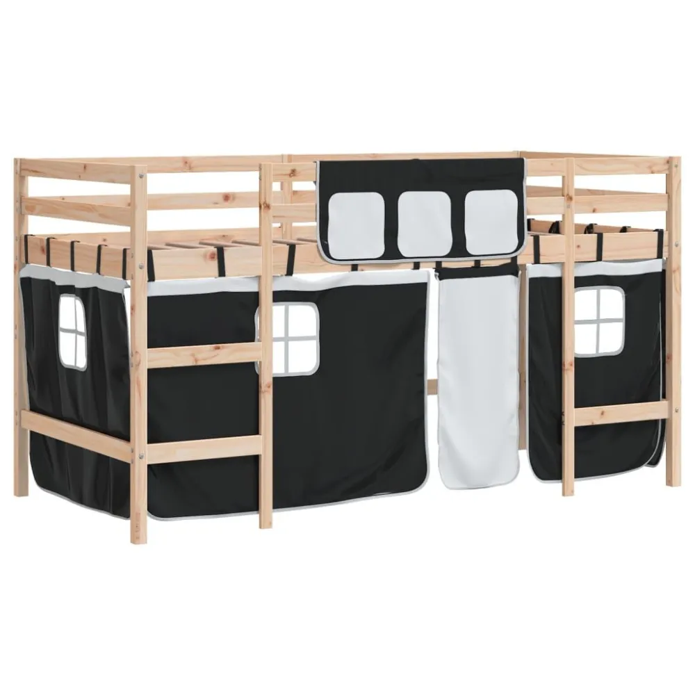 Kinderhoogslaper met gordijnen 90x200 cm grenenhout wit zwart
