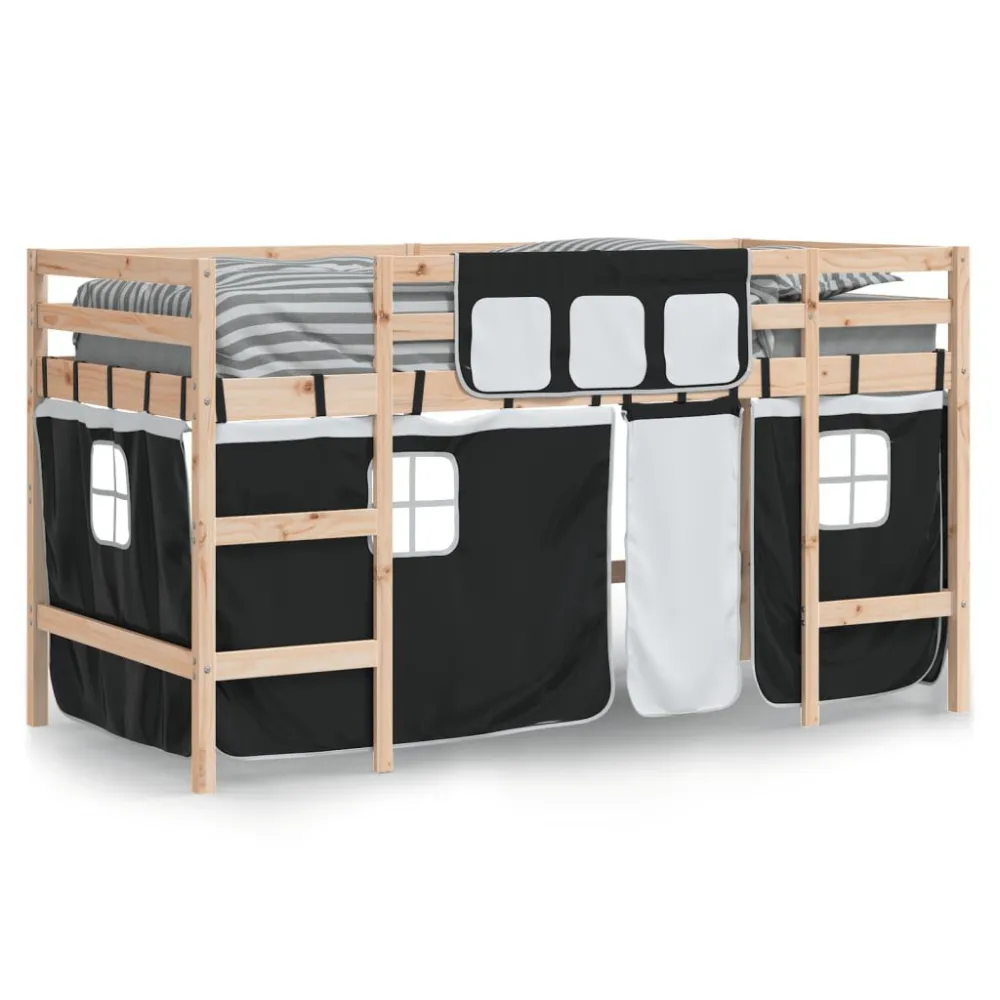 Kinderhoogslaper met gordijnen 90x200 cm grenenhout wit zwart