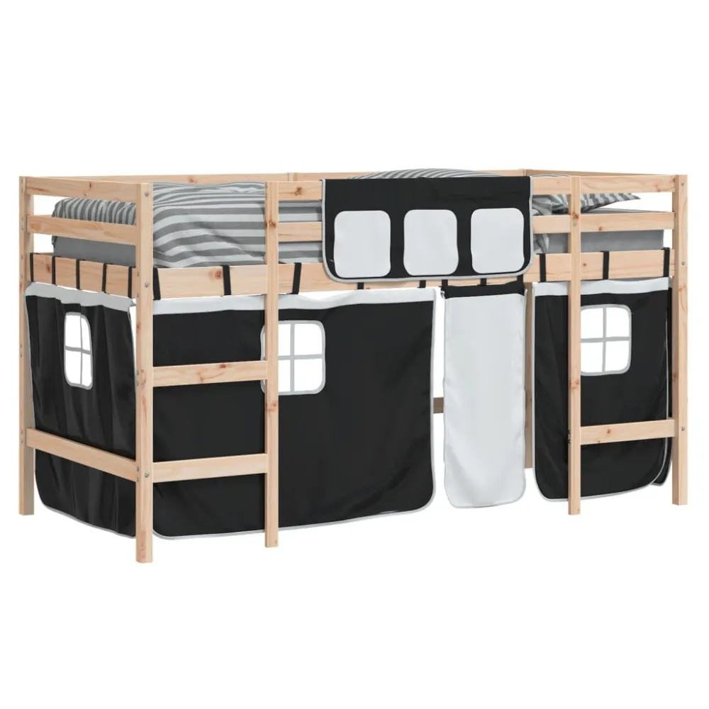 Kinderhoogslaper met gordijnen 90x200 cm grenenhout wit zwart