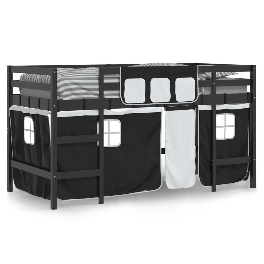 Kinderhoogslaper met gordijnen 90x200 cm grenenhout wit zwart