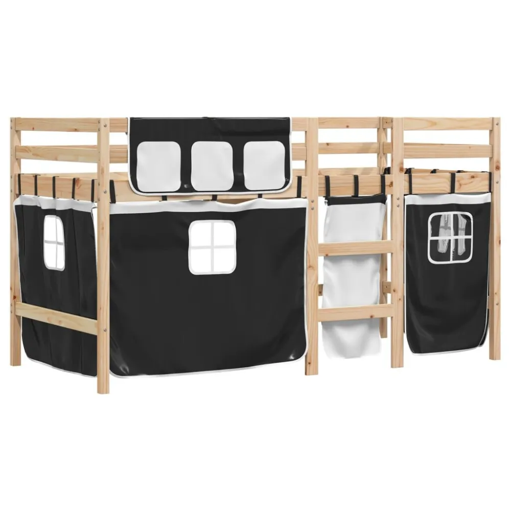 Kinderhoogslaper met gordijnen 90x200 cm grenenhout wit zwart