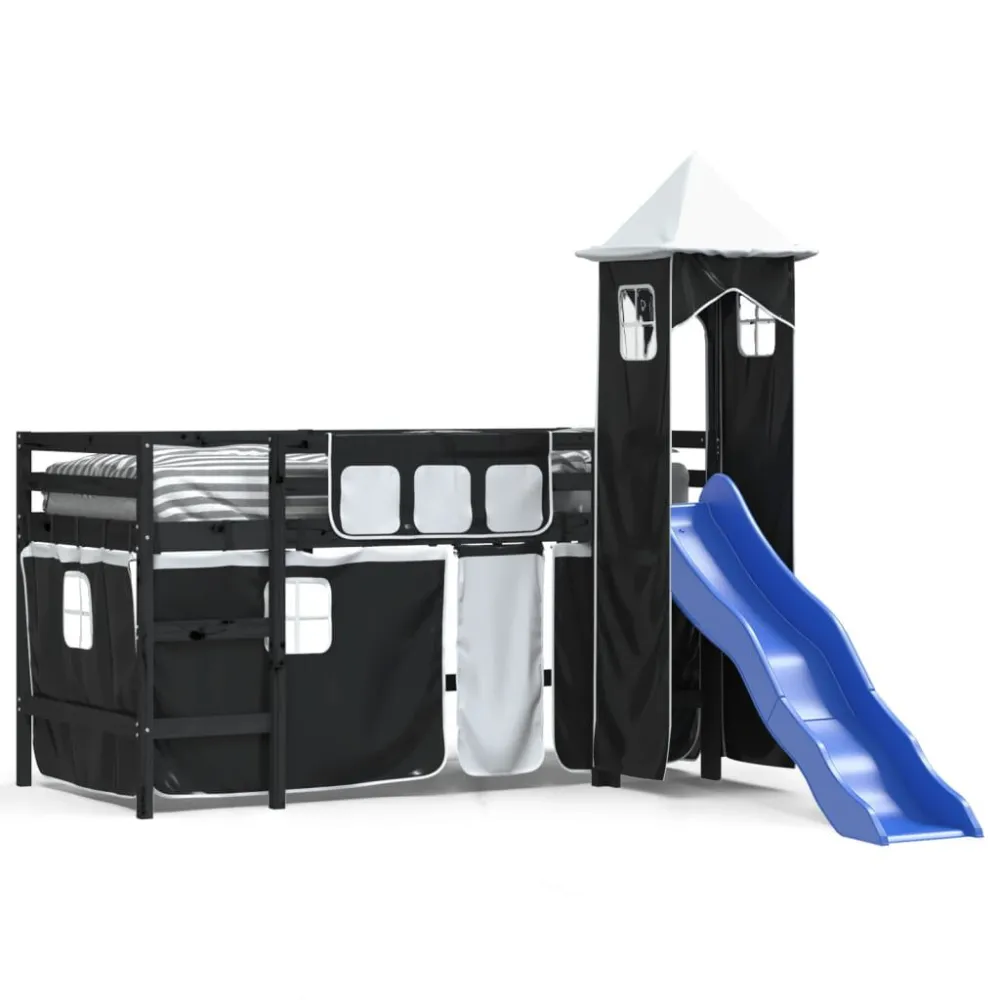 Kinderhoogslaper met toren 80x200 cm grenenhout wit en zwart