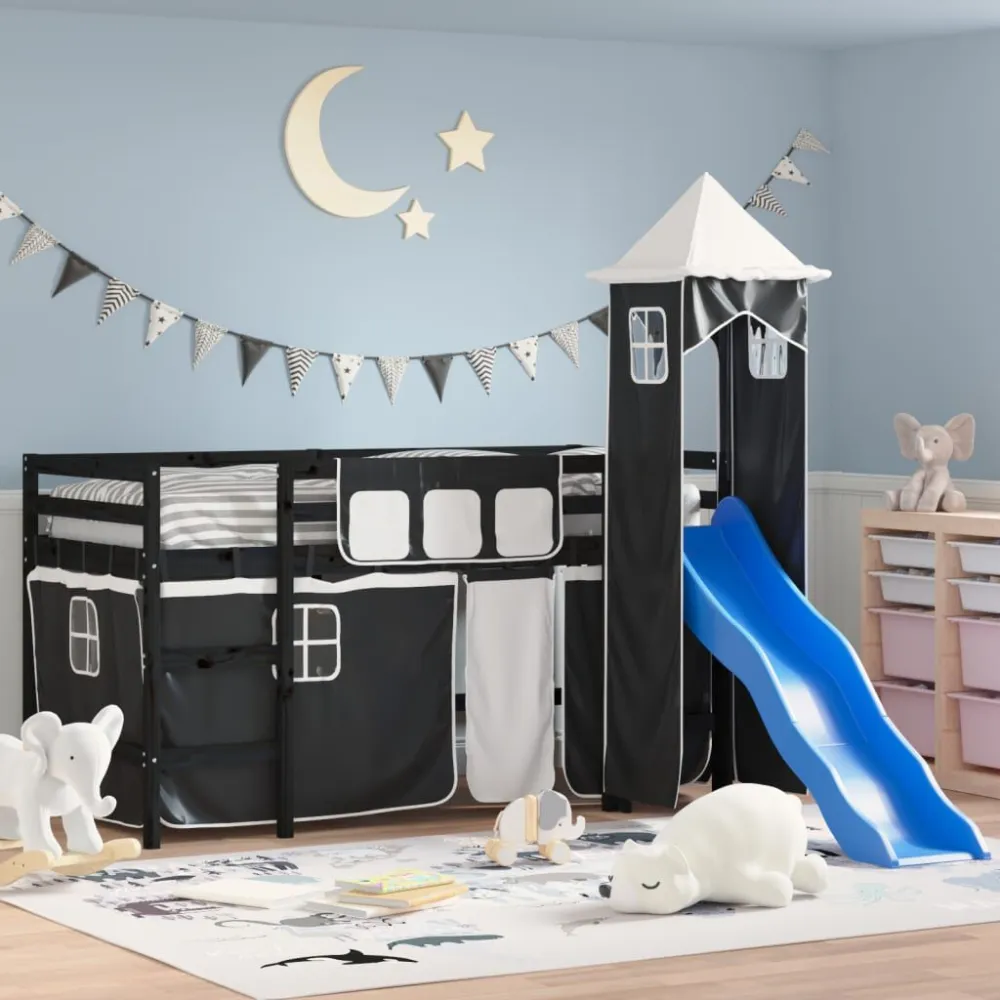 Kinderhoogslaper met toren 80x200 cm grenenhout wit en zwart