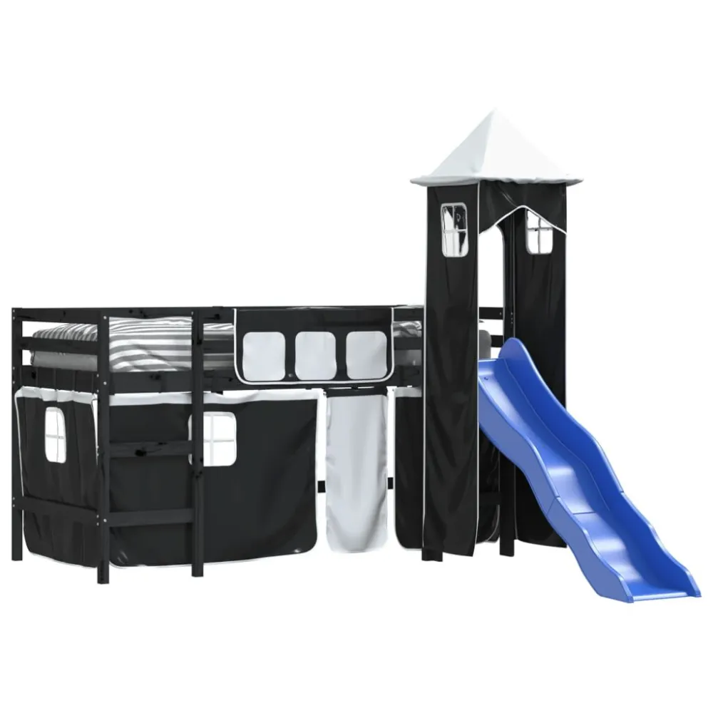 Kinderhoogslaper met toren 80x200 cm grenenhout wit en zwart