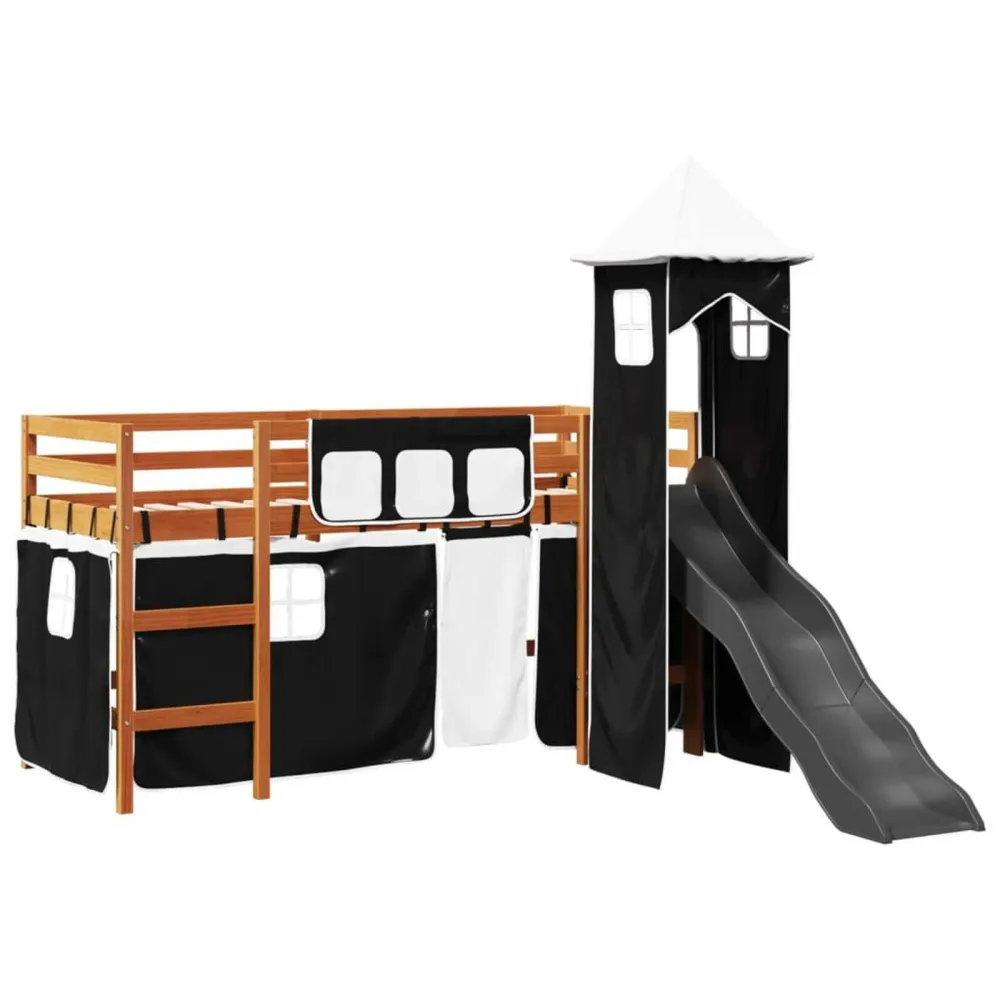 Kinderhoogslaper met toren 80x200 cm grenenhout wit en zwart