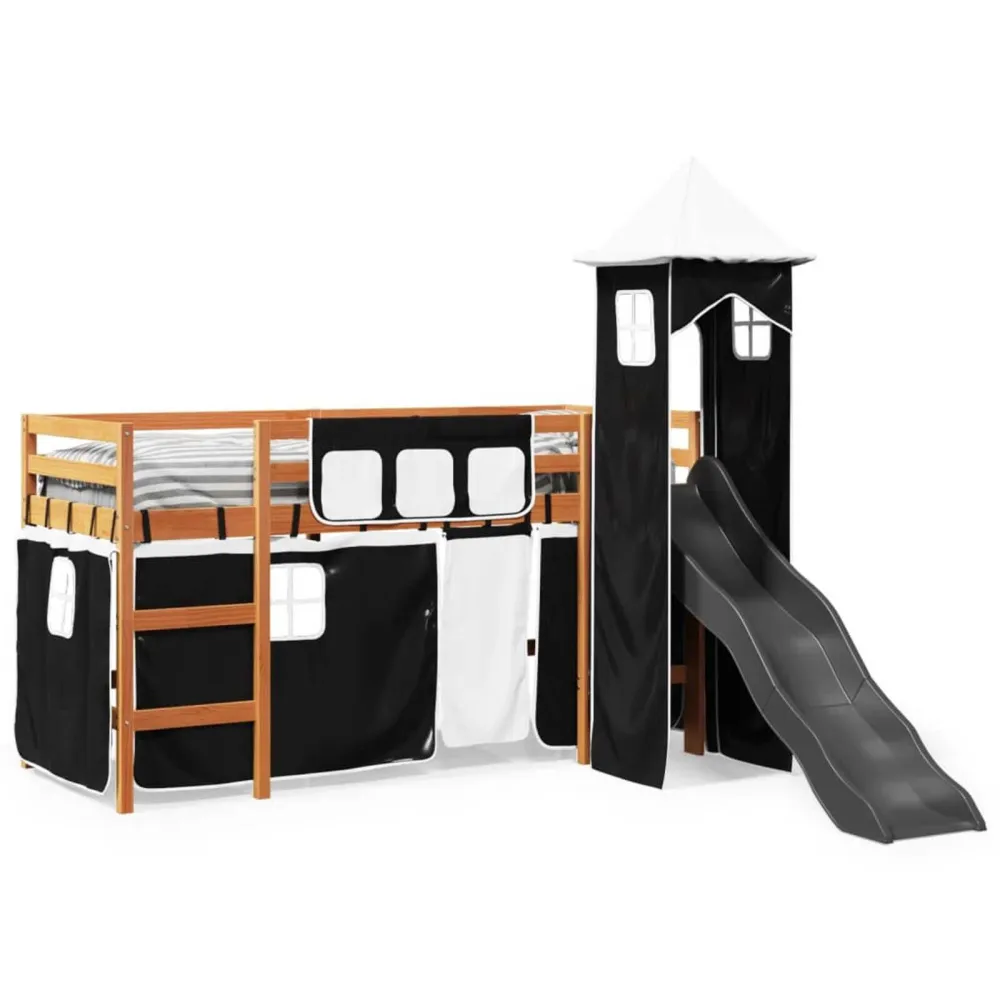 Kinderhoogslaper met toren 80x200 cm grenenhout wit en zwart