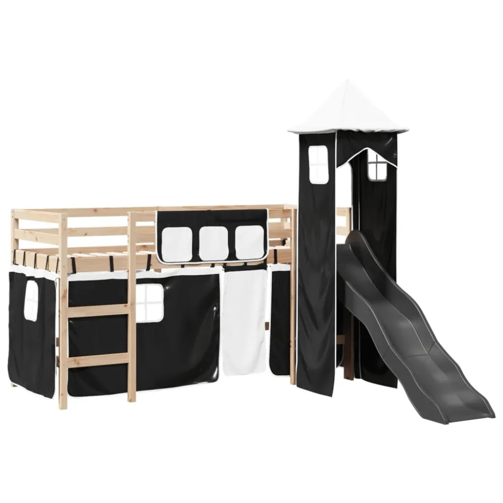 Kinderhoogslaper met toren 80x200 cm grenenhout wit en zwart