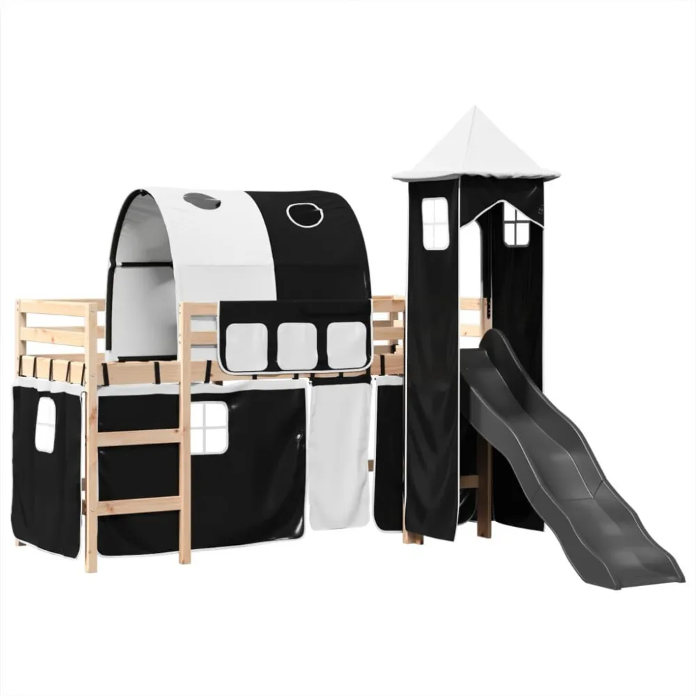 Kinderhoogslaper met toren 80x200 cm grenenhout wit en zwart