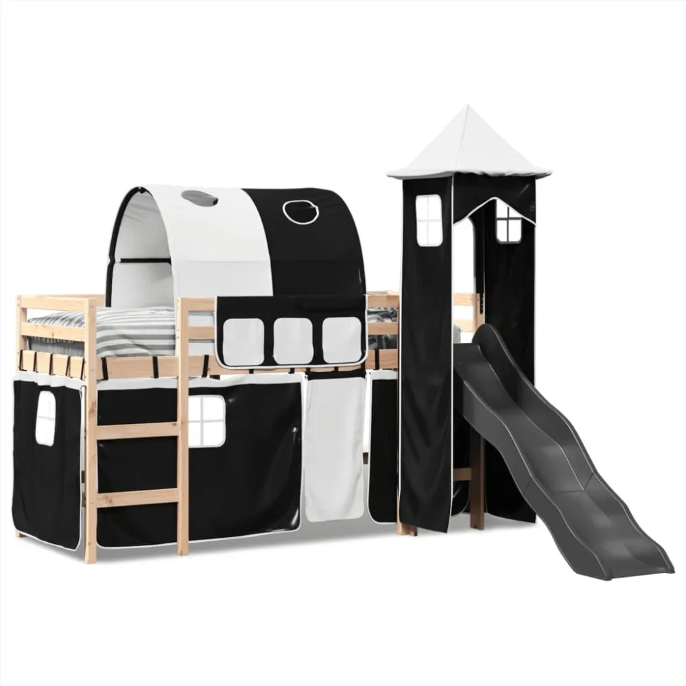 Kinderhoogslaper met toren 80x200 cm grenenhout wit en zwart