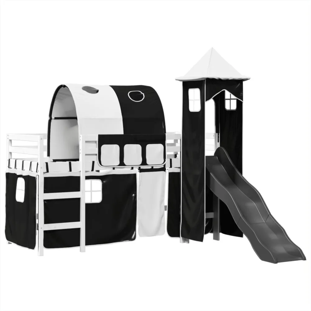 Kinderhoogslaper met toren 80x200 cm grenenhout wit en zwart