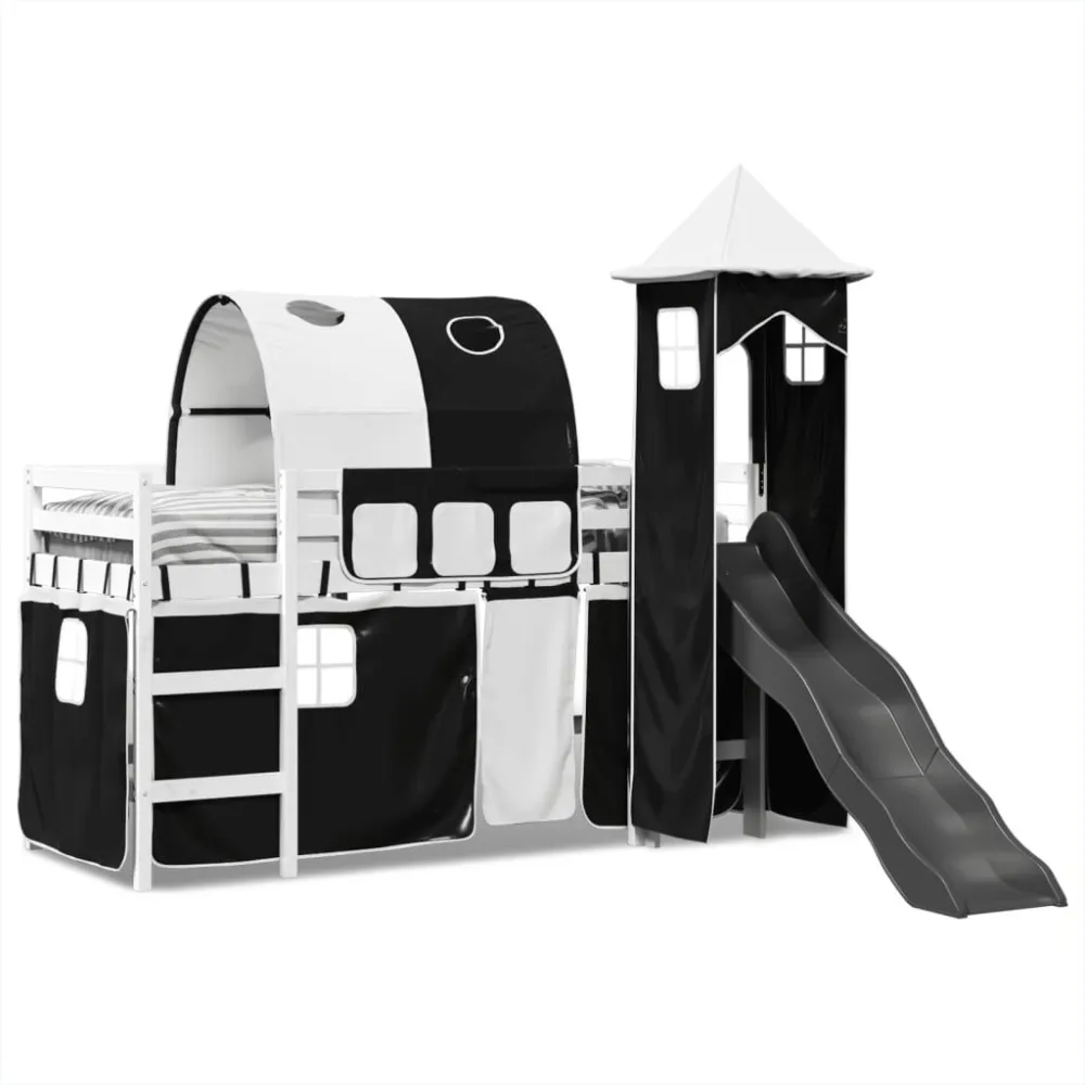 Kinderhoogslaper met toren 80x200 cm grenenhout wit en zwart