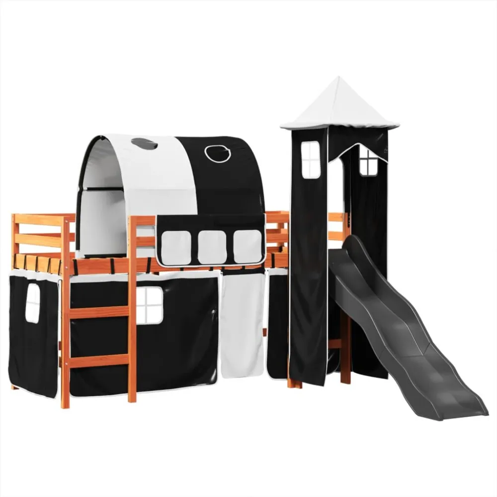 Kinderhoogslaper met toren 80x200 cm grenenhout wit en zwart