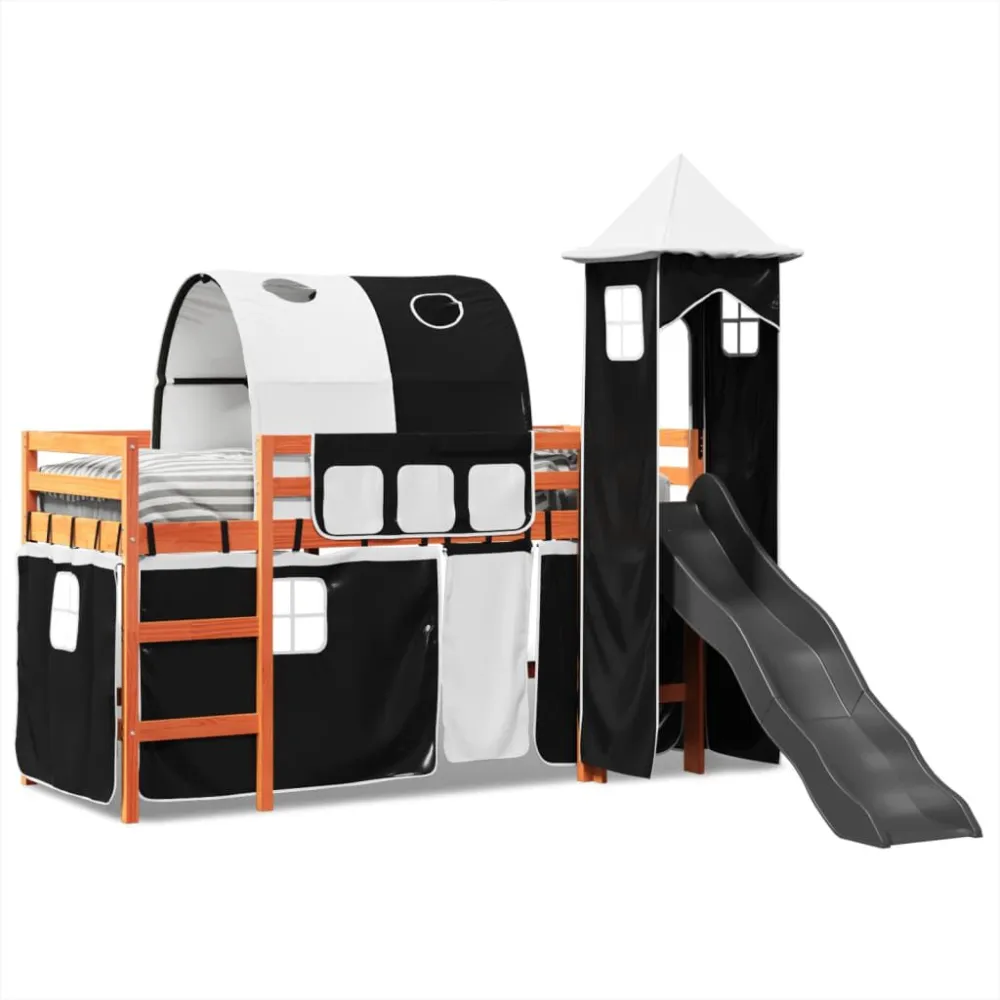 Kinderhoogslaper met toren 80x200 cm grenenhout wit en zwart