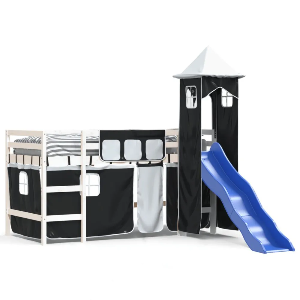 Kinderhoogslaper met toren 80x200 cm grenenhout wit en zwart