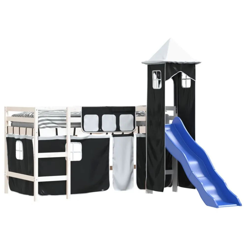 Kinderhoogslaper met toren 80x200 cm grenenhout wit en zwart