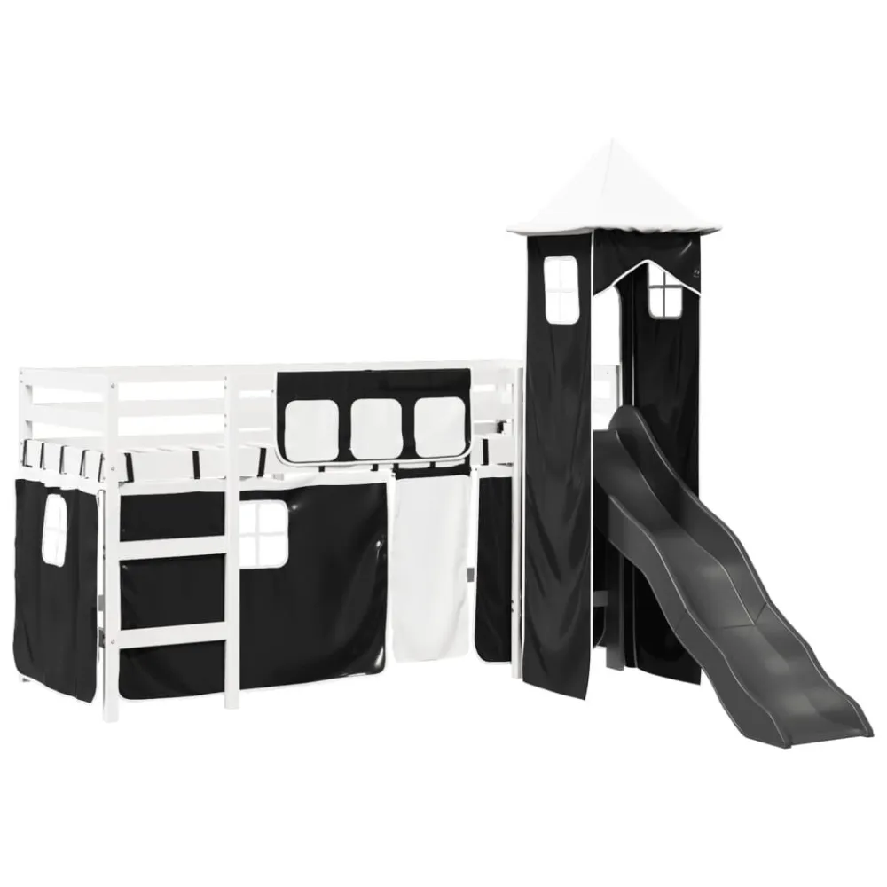 Kinderhoogslaper met toren 80x200 cm grenenhout wit en zwart