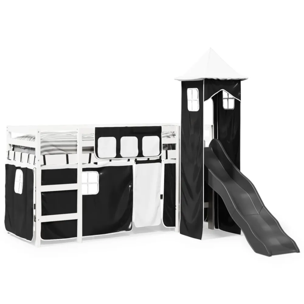 Kinderhoogslaper met toren 80x200 cm grenenhout wit en zwart