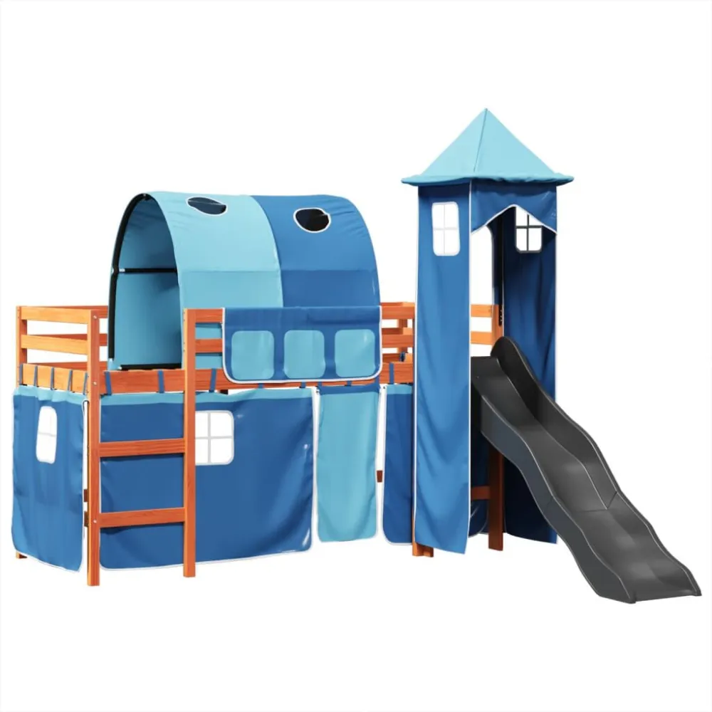 Kinderhoogslaper met toren 80x200 cm massief grenenhout blauw