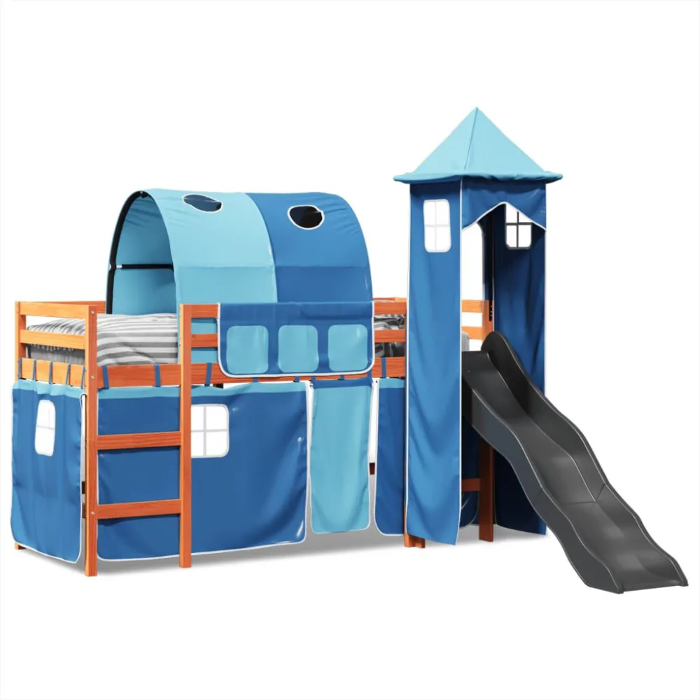 Kinderhoogslaper met toren 80x200 cm massief grenenhout blauw