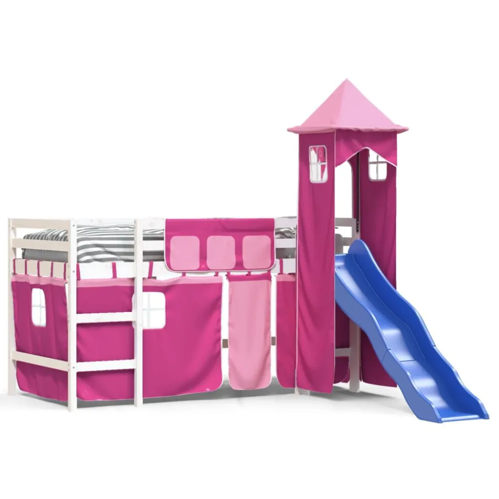 Kinderhoogslaper met toren 80x200 cm massief grenenhout roze