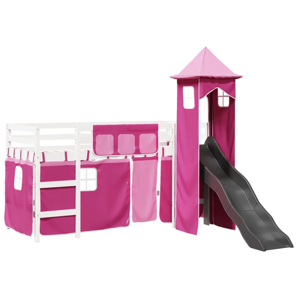 Kinderhoogslaper met toren 80x200 cm massief grenenhout roze