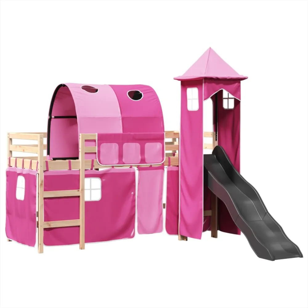 Kinderhoogslaper met toren 80x200 cm massief grenenhout roze