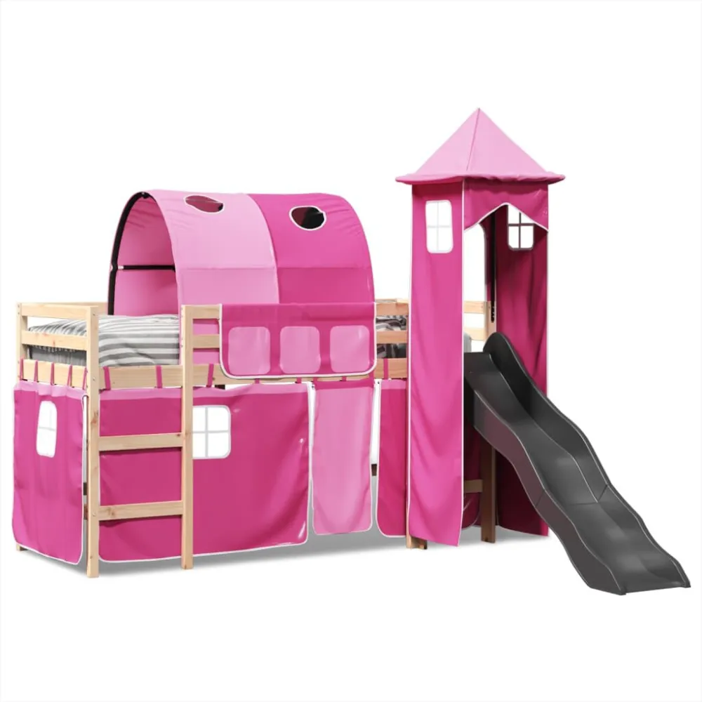 Kinderhoogslaper met toren 80x200 cm massief grenenhout roze