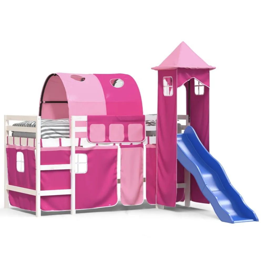 Kinderhoogslaper met toren 80x200 cm massief grenenhout roze