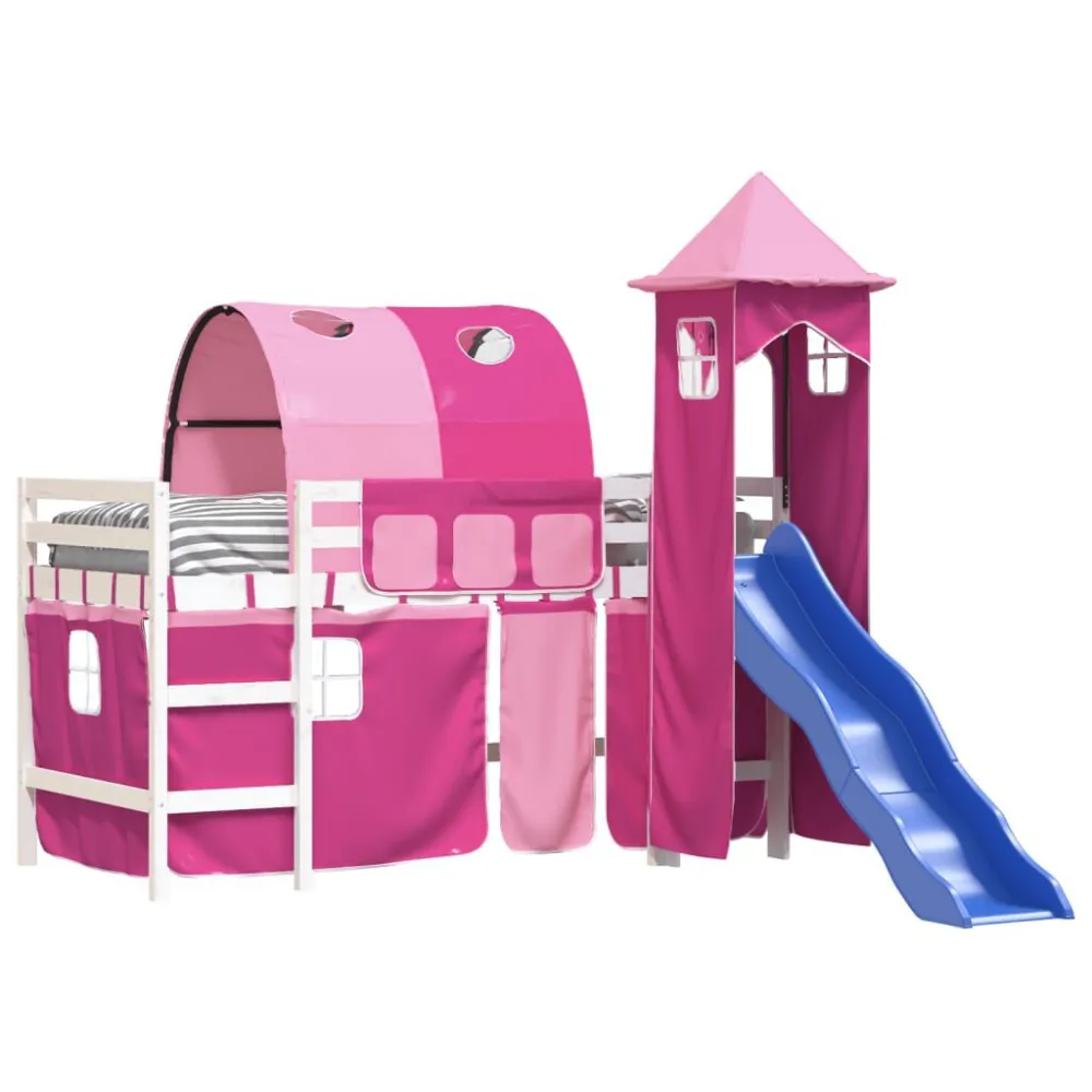 Kinderhoogslaper met toren 80x200 cm massief grenenhout roze