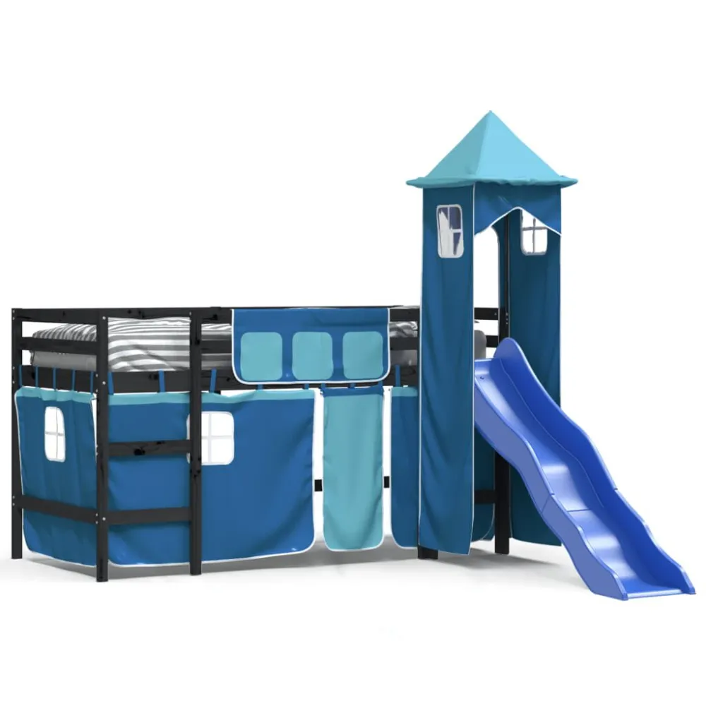 Kinderhoogslaper met toren 80x200 cm massief grenenhout blauw