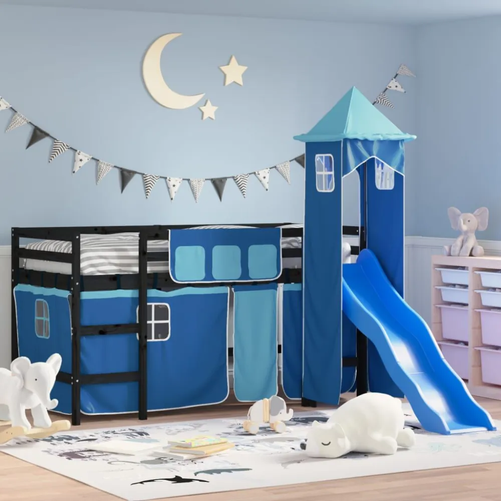 Kinderhoogslaper met toren 80x200 cm massief grenenhout blauw