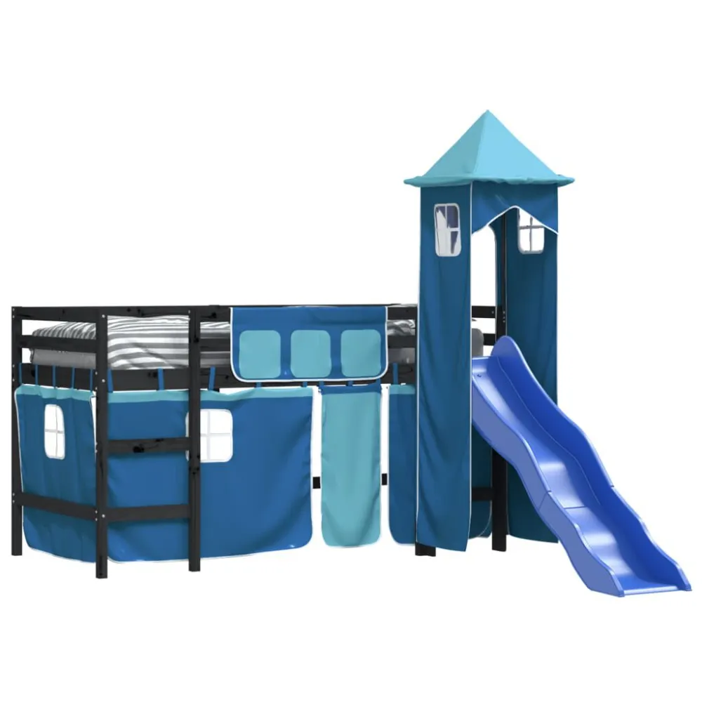 Kinderhoogslaper met toren 80x200 cm massief grenenhout blauw