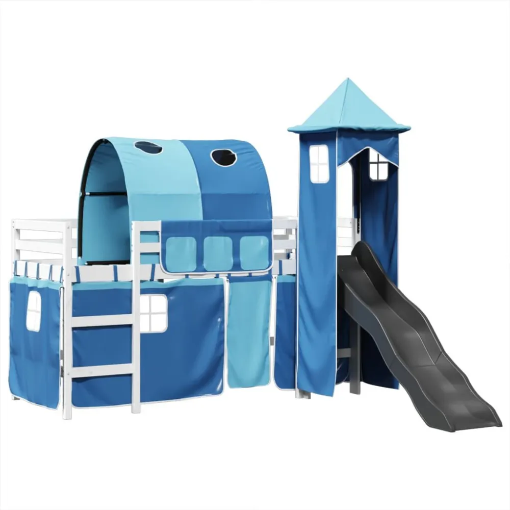 Kinderhoogslaper met toren 80x200 cm massief grenenhout blauw