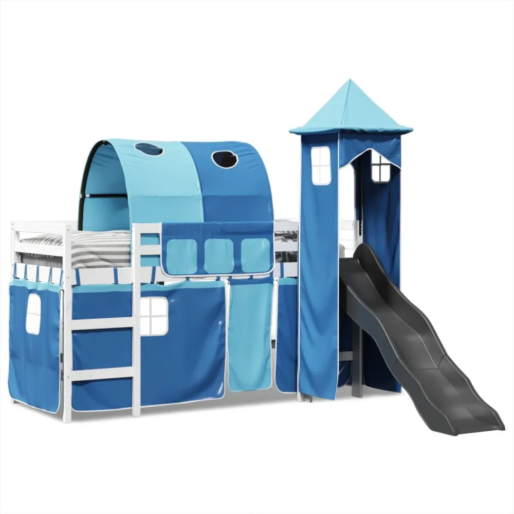 Kinderhoogslaper met toren 80x200 cm massief grenenhout blauw