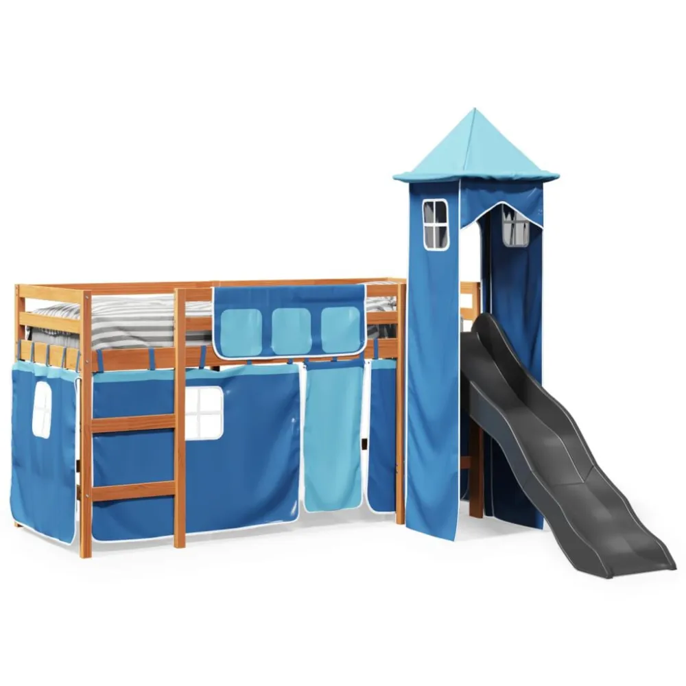 Kinderhoogslaper met toren 80x200 cm massief grenenhout blauw