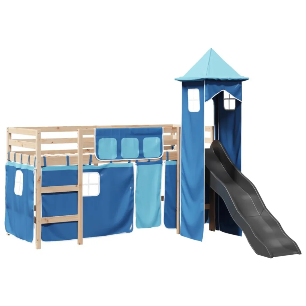 Kinderhoogslaper met toren 80x200 cm massief grenenhout blauw