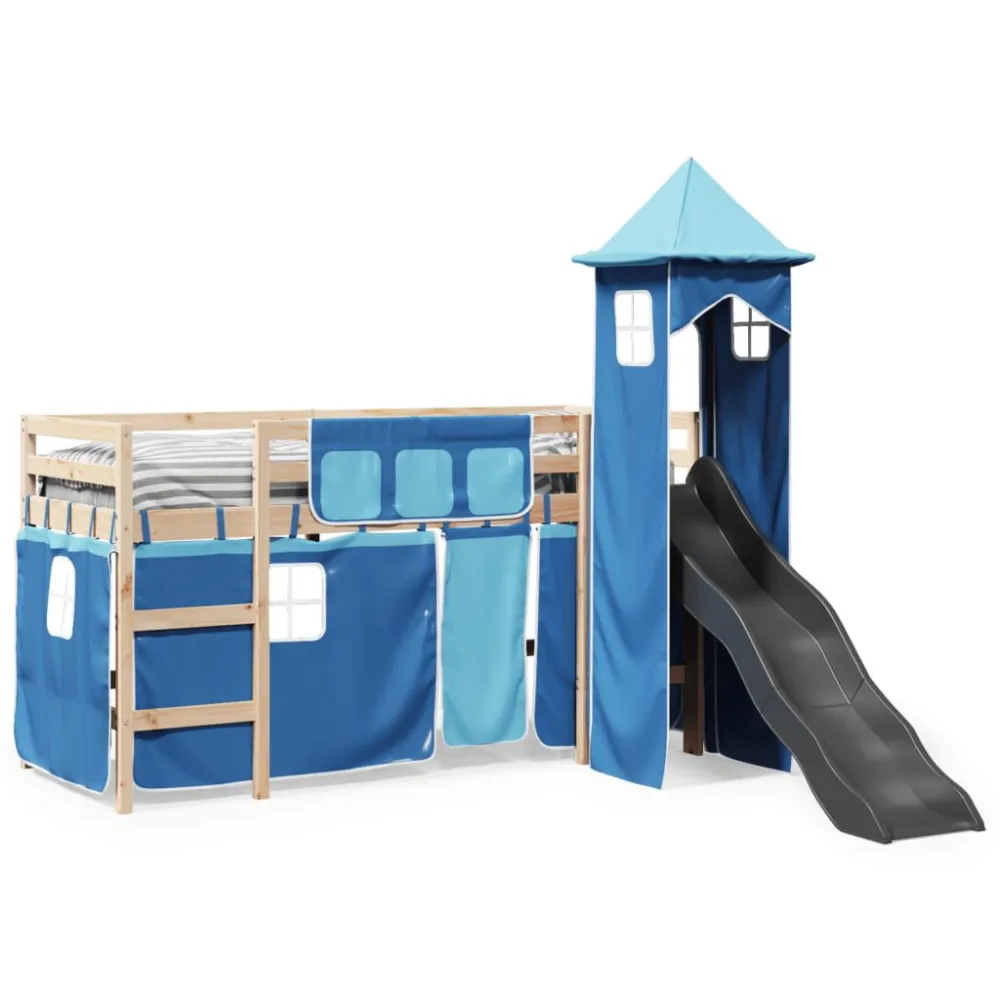 Kinderhoogslaper met toren 80x200 cm massief grenenhout blauw