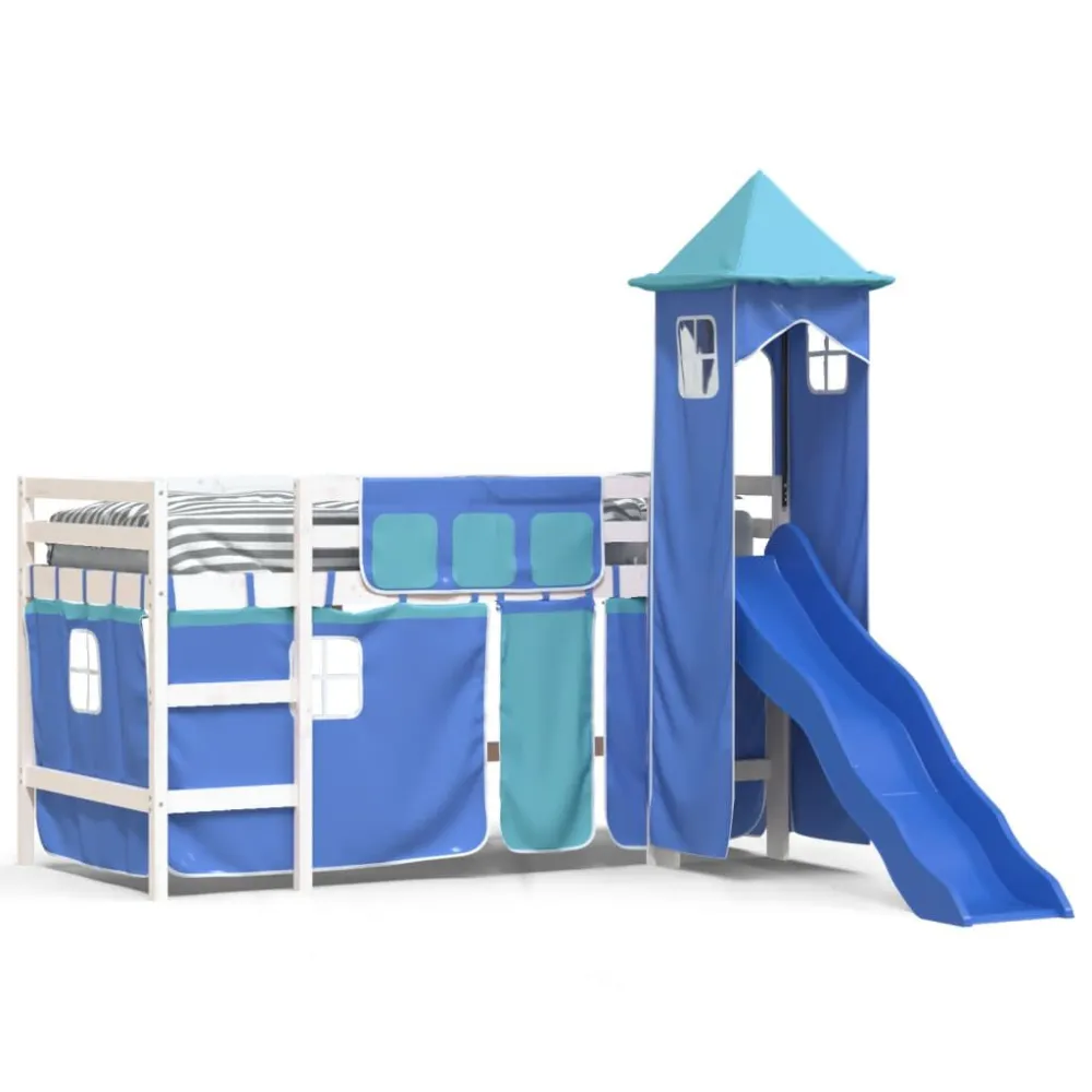 Kinderhoogslaper met toren 80x200 cm massief grenenhout blauw