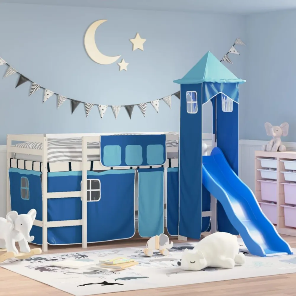 Kinderhoogslaper met toren 80x200 cm massief grenenhout blauw