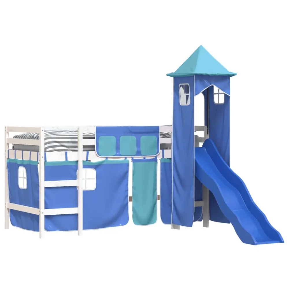 Kinderhoogslaper met toren 80x200 cm massief grenenhout blauw