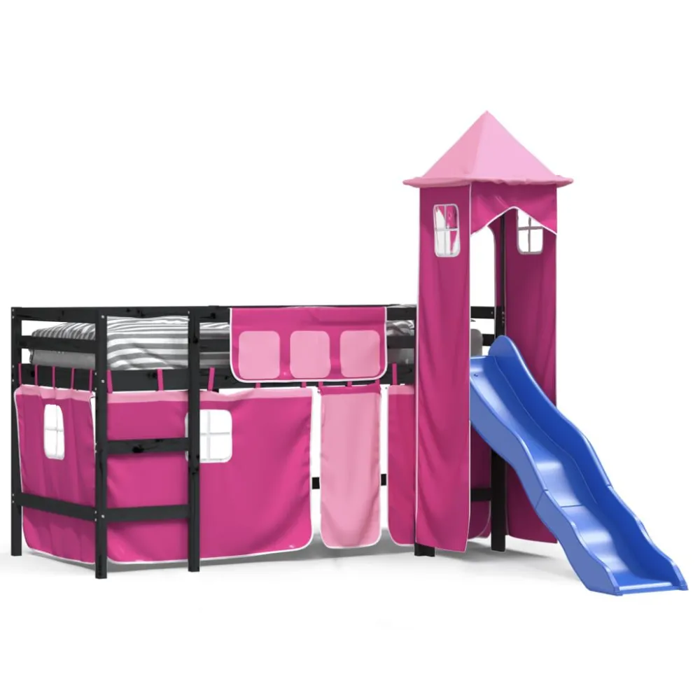 Kinderhoogslaper met toren 80x200 cm massief grenenhout roze