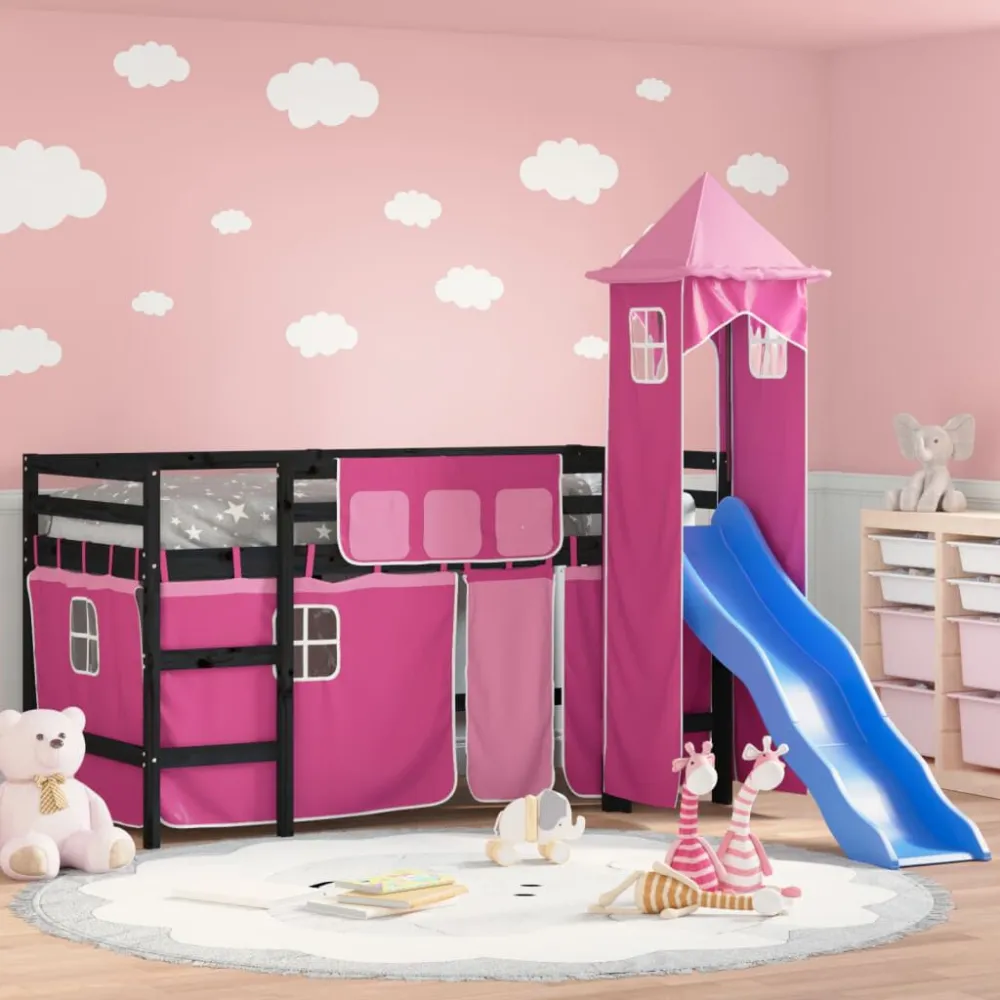 Kinderhoogslaper met toren 80x200 cm massief grenenhout roze
