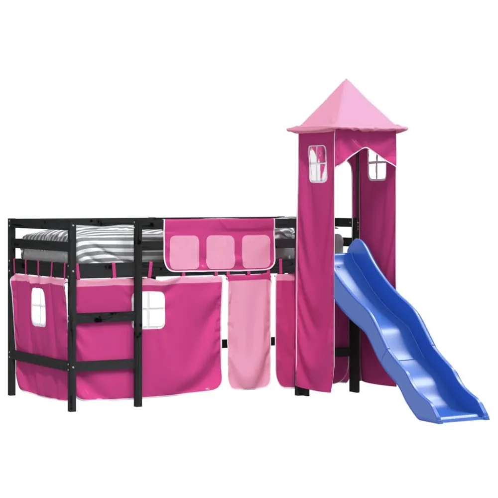 Kinderhoogslaper met toren 80x200 cm massief grenenhout roze