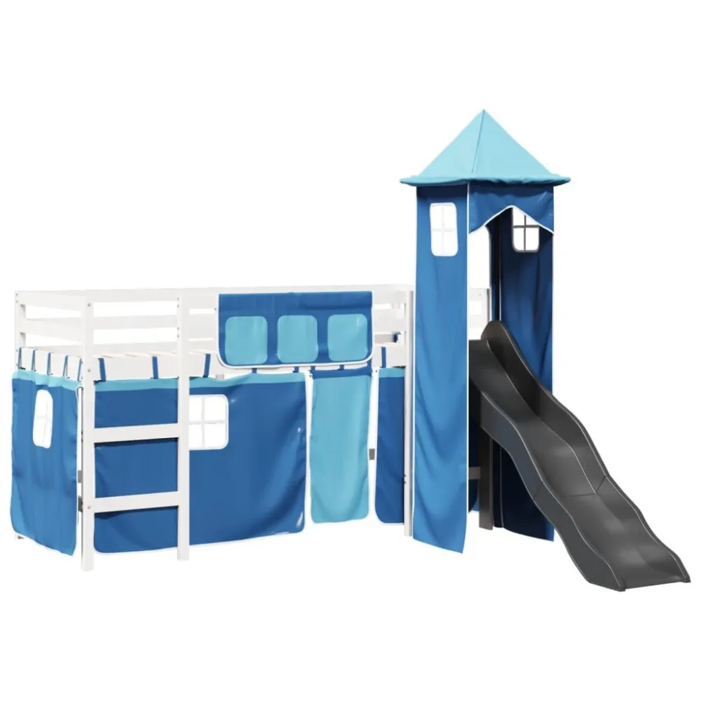 Kinderhoogslaper met toren 80x200 cm massief grenenhout blauw