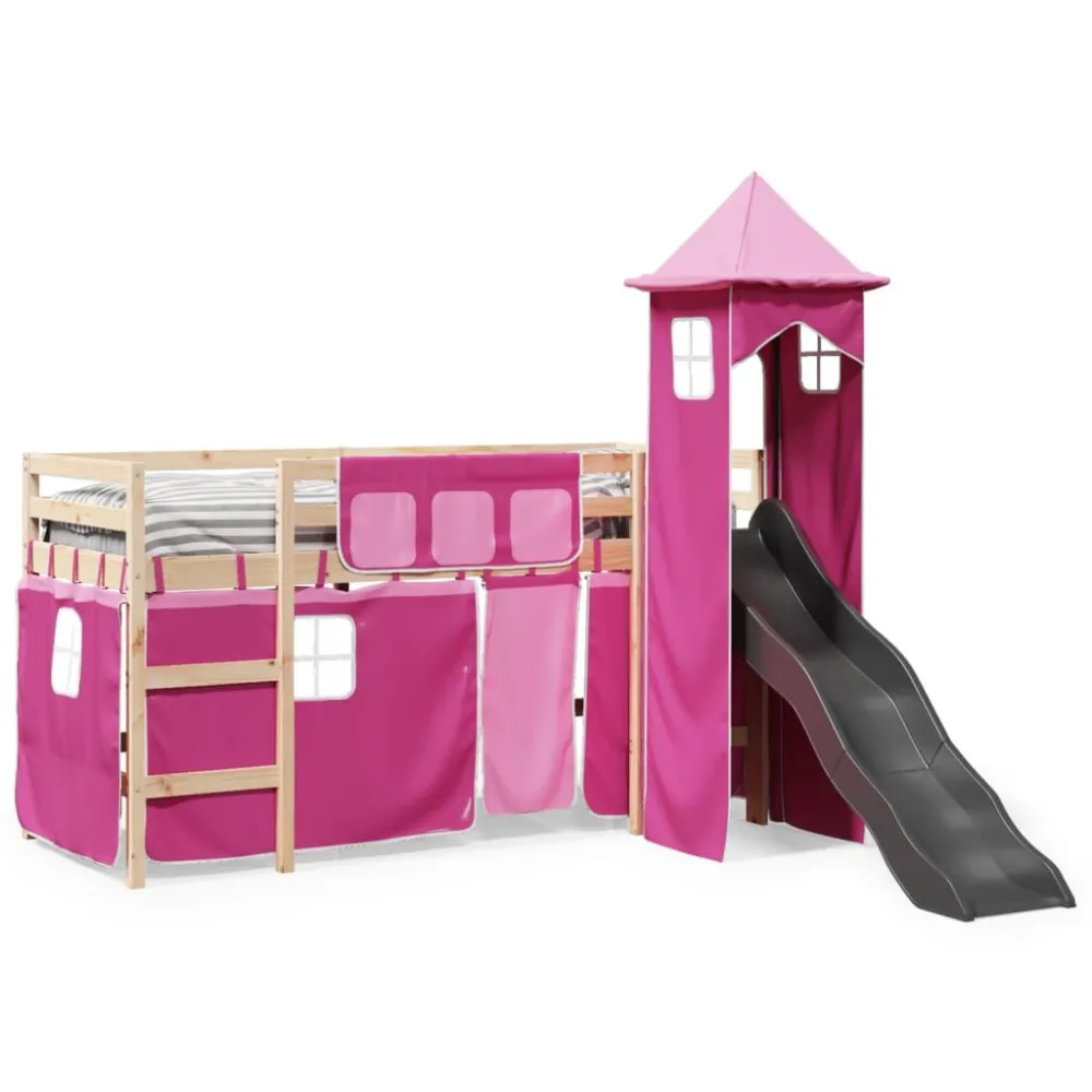 Kinderhoogslaper met toren 80x200 cm massief grenenhout roze