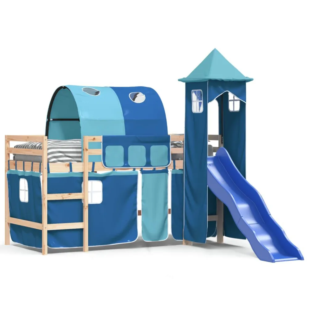 Kinderhoogslaper met toren 80x200 cm massief grenenhout blauw