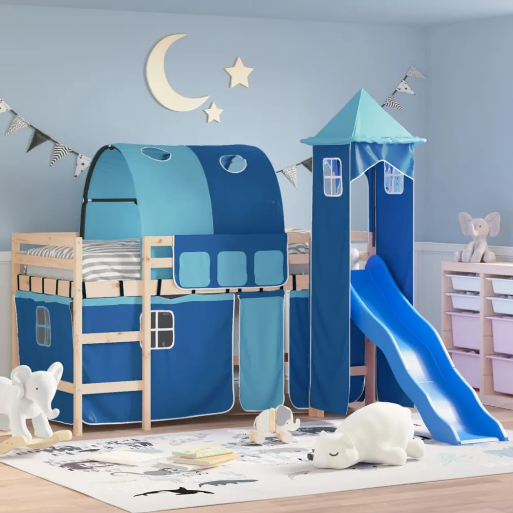 Kinderhoogslaper met toren 80x200 cm massief grenenhout blauw